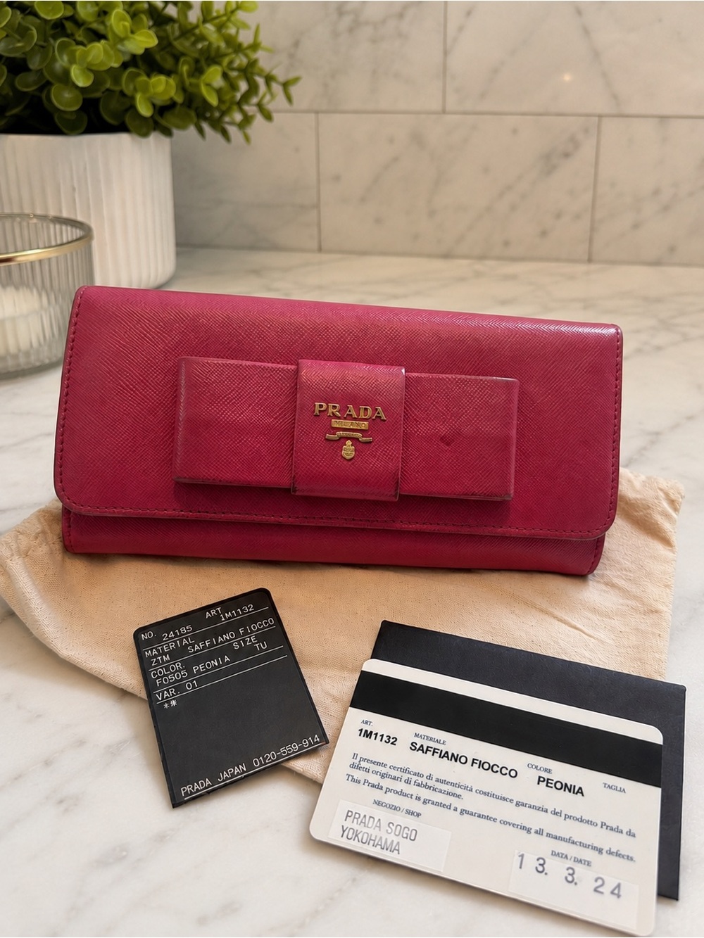 Prada Peonia Saffiano Bow-Accent Leather Wallet - Peony Pink